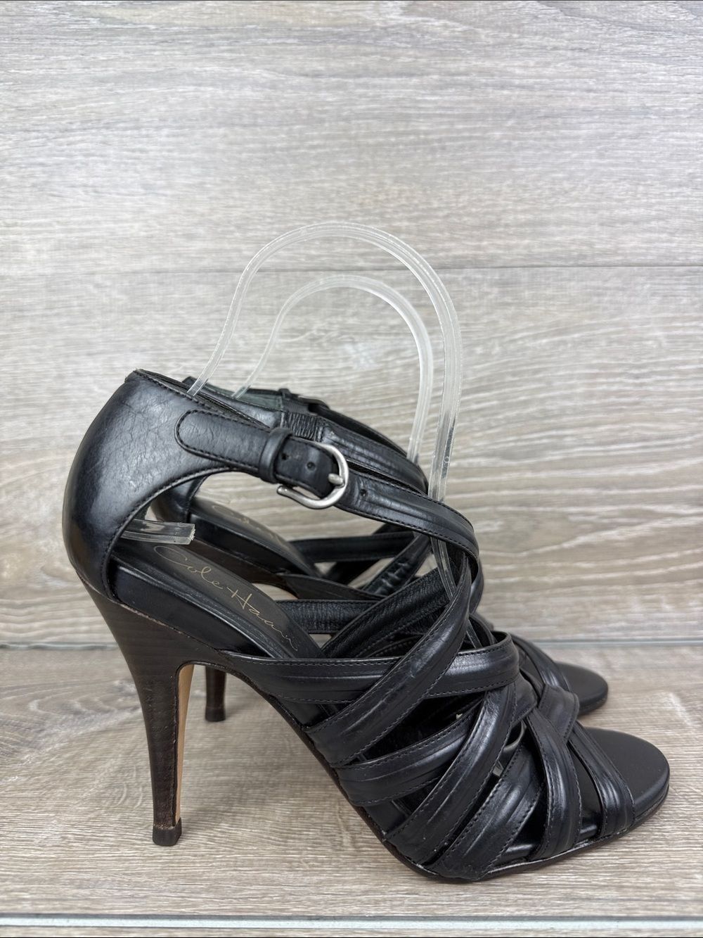 Cole Haan Shayna x Nike Air Women’s Sz 7B Black Leather Strappy 4” Stiletto Heel
